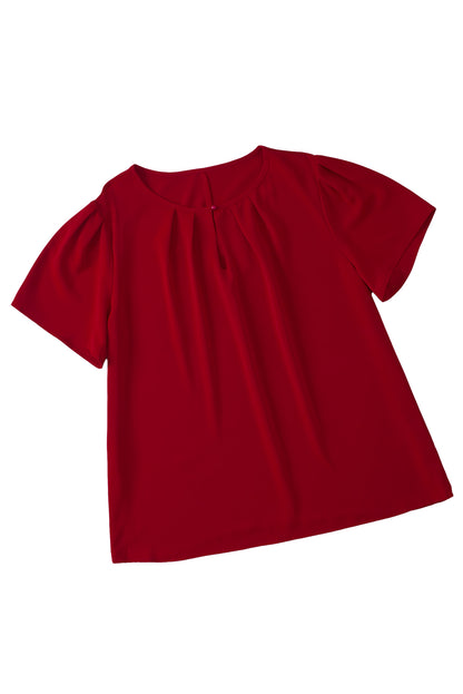 Red Dahlia Keyhole Pleated Crew Neck Plus Size T Shirt