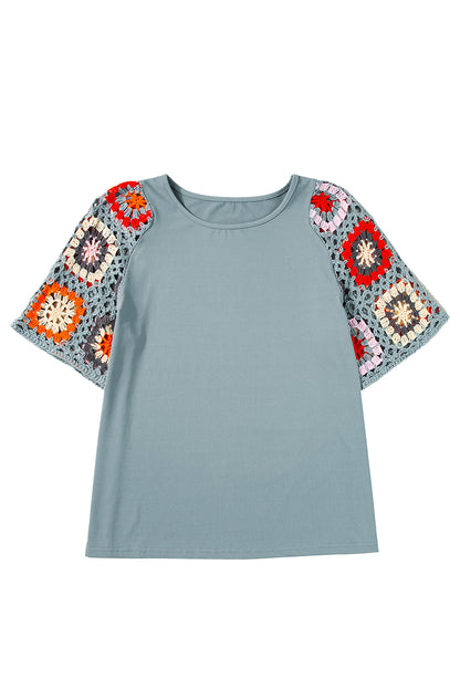 Medium Grey Floral Crochet Short Sleeve Top