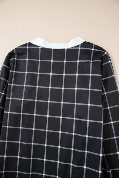 Black Plaid Colorblock Edge Open Cardigan with Pocket