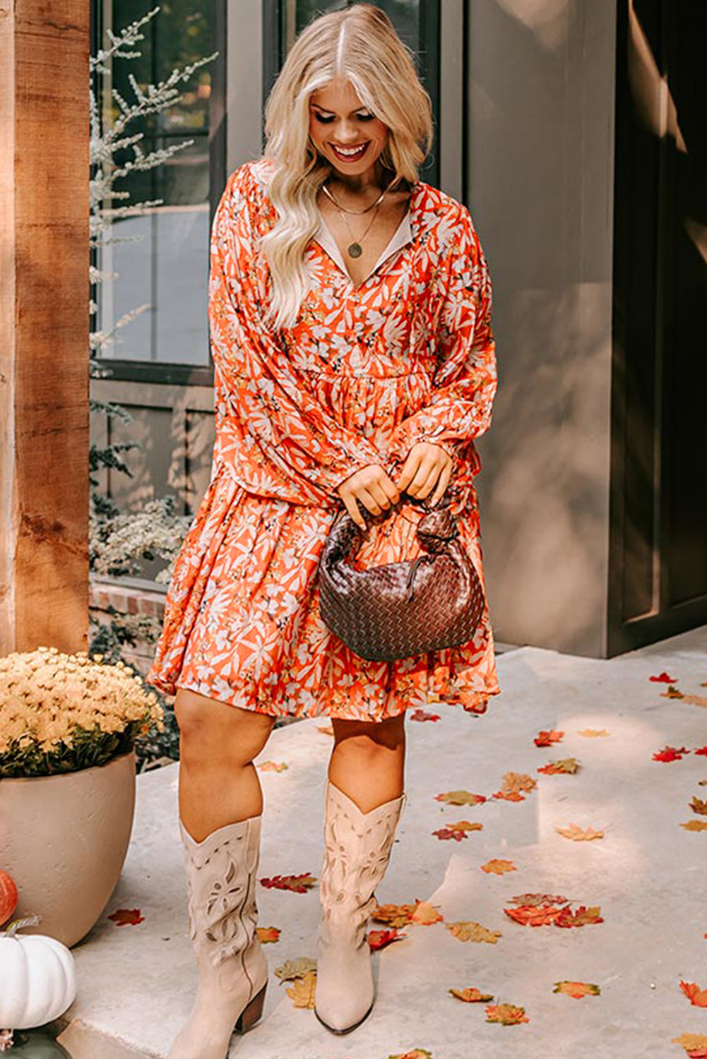 Orange Floral Print Split V Neck Bubble Sleeve Plus Size Midi Dress