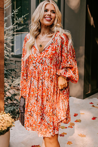 Orange Floral Print Split V Neck Bubble Sleeve Plus Size Midi Dress