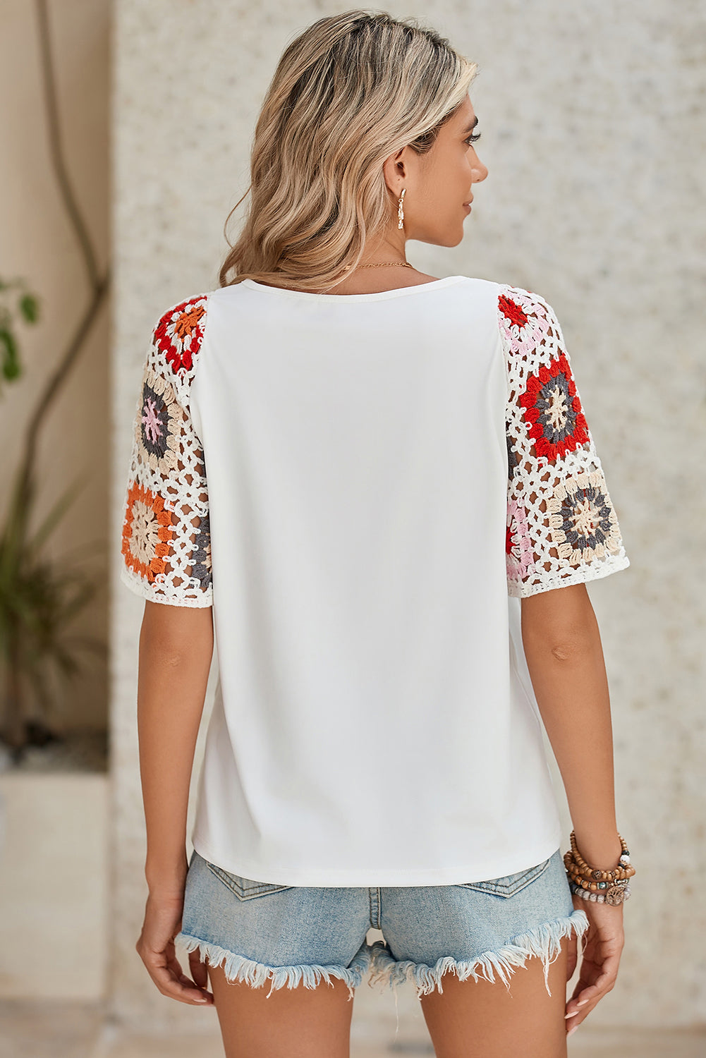 Medium Grey Floral Crochet Short Sleeve Top