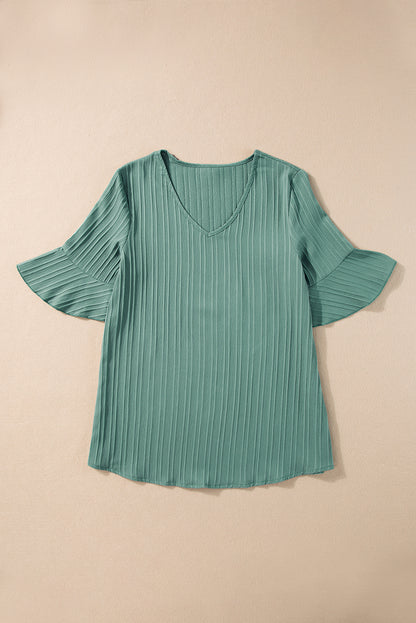 Grass Green Ruffled Short Sleeve V Neck Textured Blouse