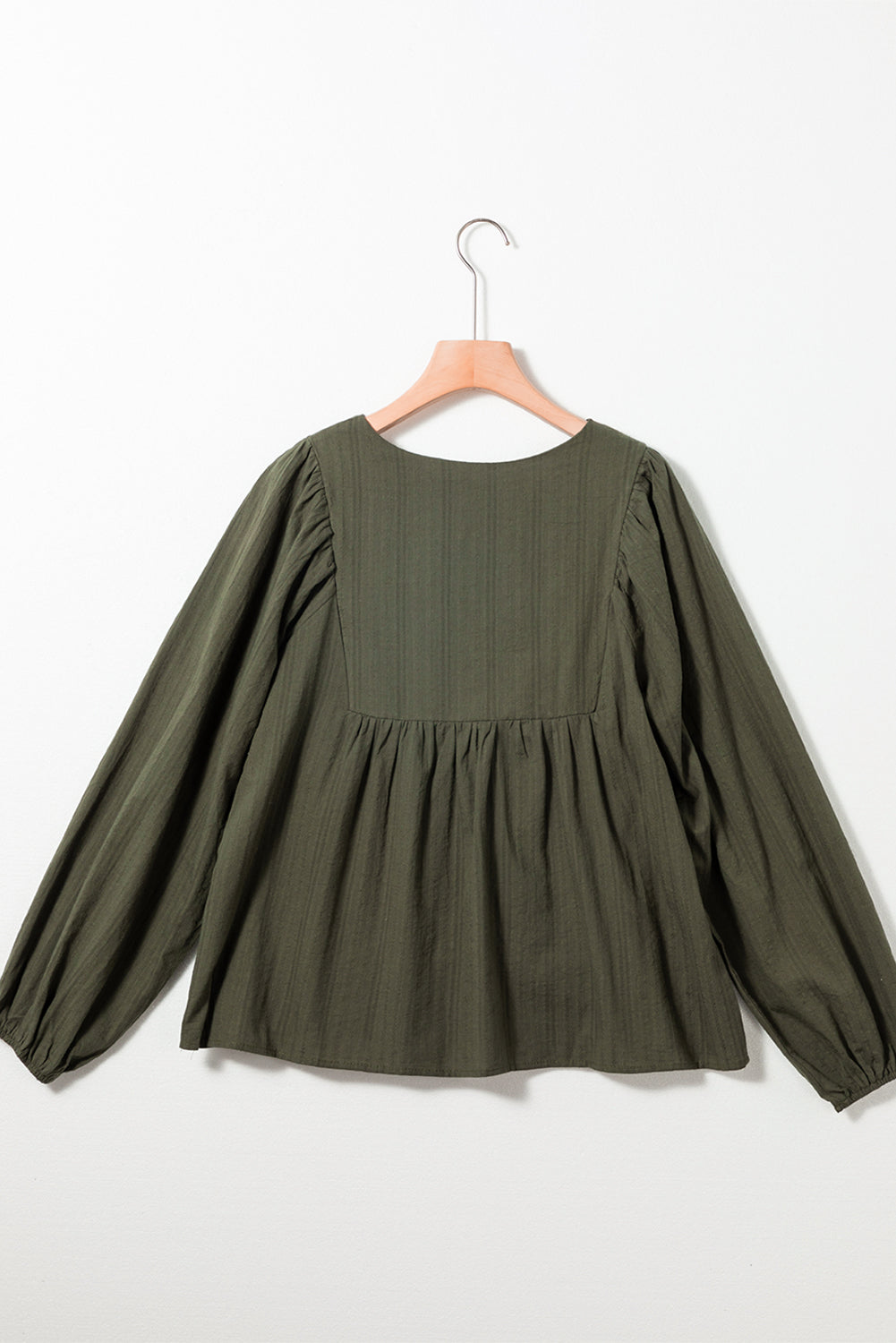 Green Embroidered Split Neck Pleated Loose Blouse