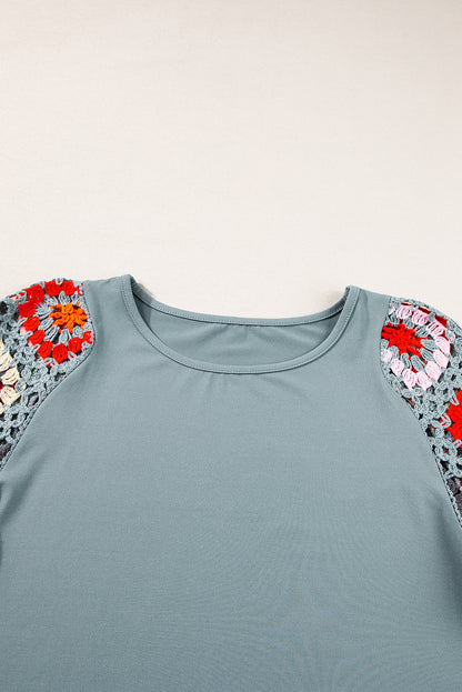 Medium Grey Floral Crochet Short Sleeve Top