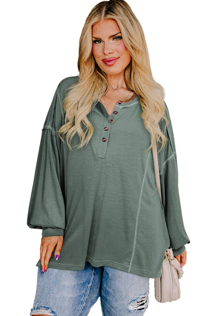 Seagrass Stitch Details Half Button Drop Sleeve Plus Size Top