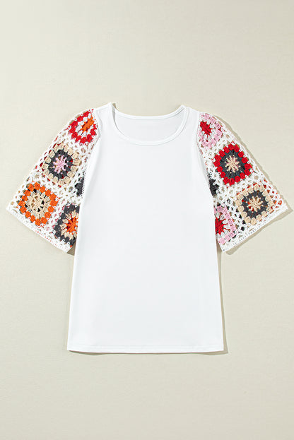 Medium Grey Floral Crochet Short Sleeve Top