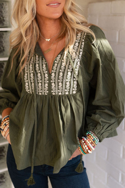 Green Embroidered Split Neck Pleated Loose Blouse