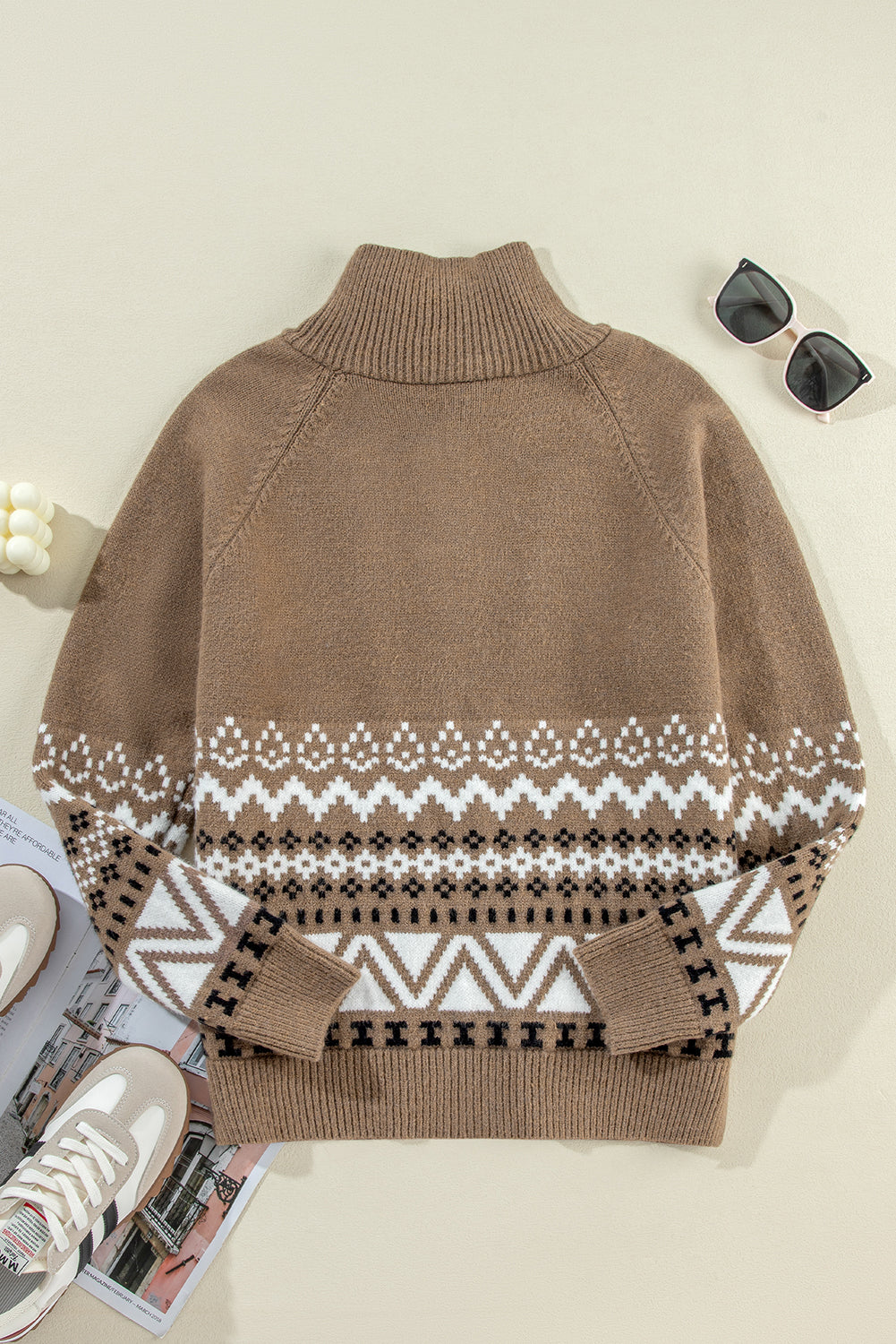 Brown Geometric Print Ribbed Trim Zipper Collar Sweater