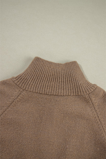 Brown Geometric Print Ribbed Trim Zipper Collar Sweater