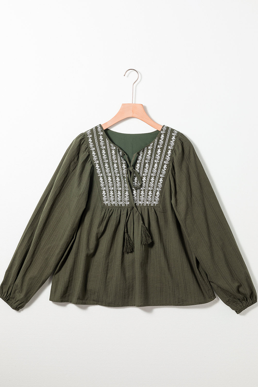 Green Embroidered Split Neck Pleated Loose Blouse