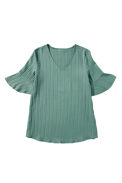 Grass Green Ruffled Short Sleeve V Neck Textured Blouse