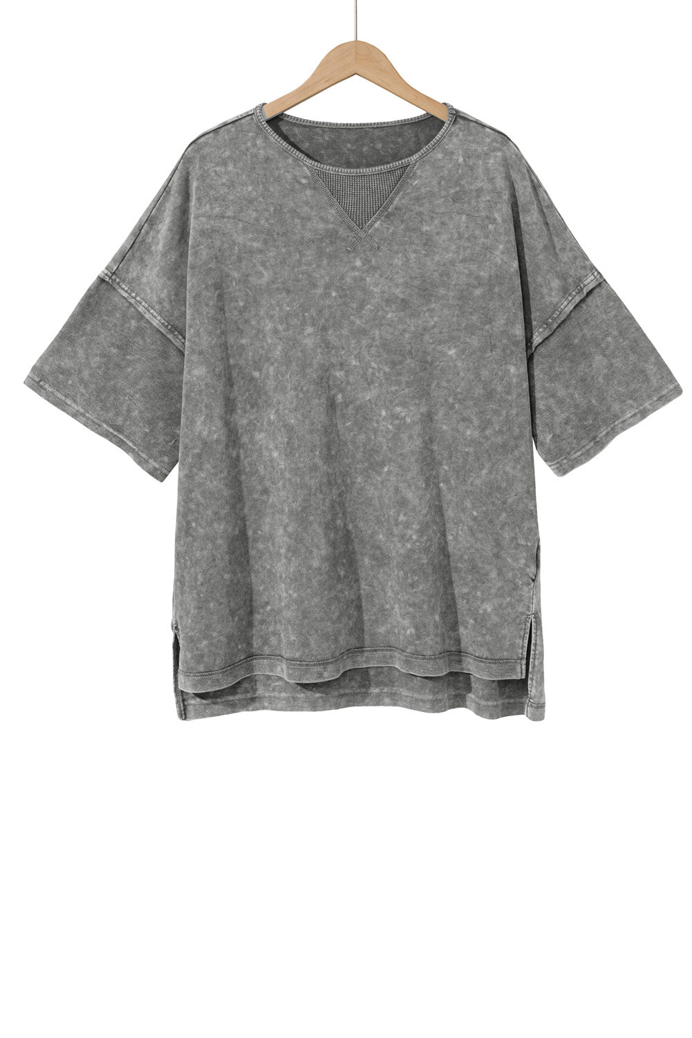 Light Grey Mineral Wash Drop Sleeve Patchwork Plus Size Tee