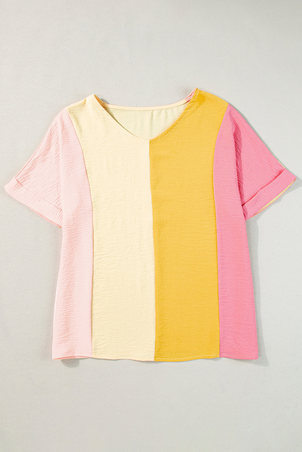 Apricot Colorblock V-Neck Roll Up Sleeve Crinkled Blouse