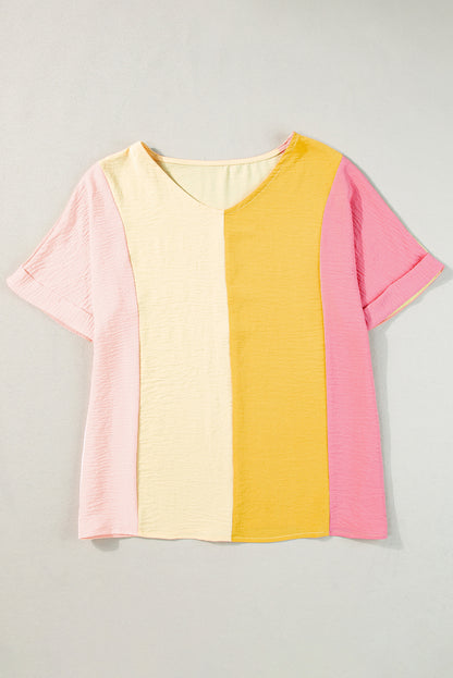 Apricot Colorblock V-Neck Roll Up Sleeve Crinkled Blouse