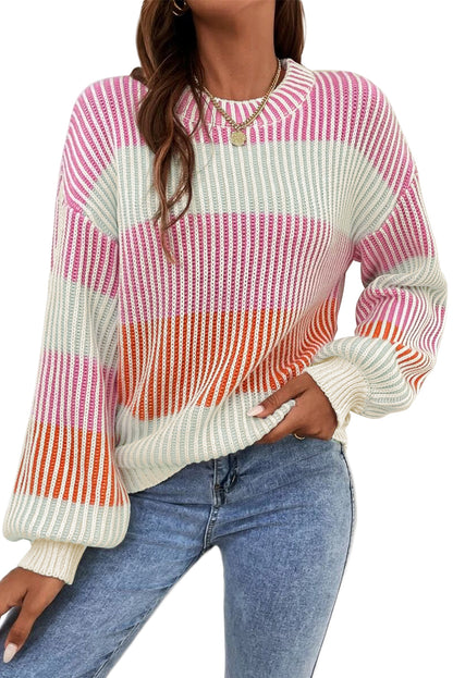 Brown Colorblock Lantern Sleeve Rib Knitted Sweater