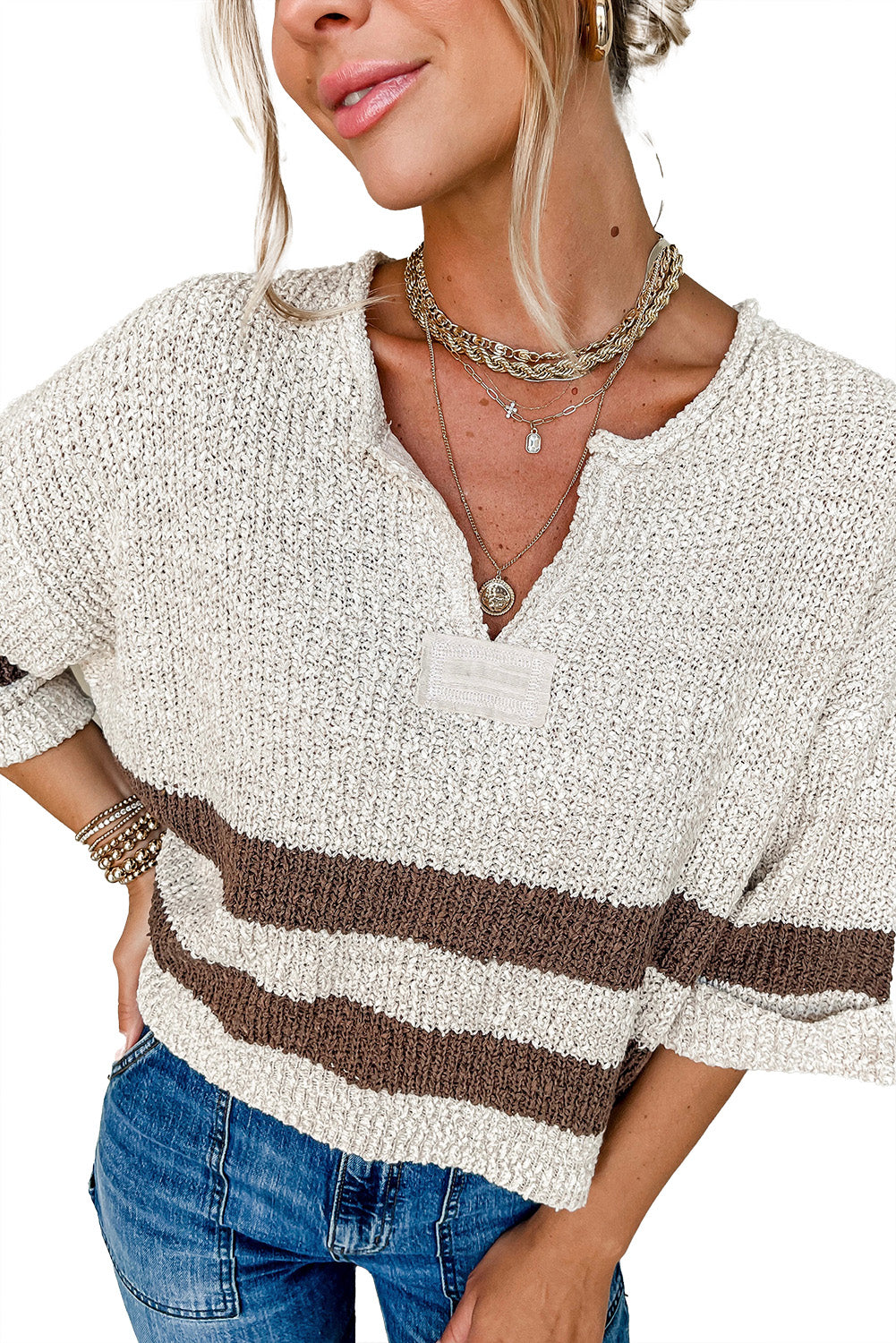 Brown Stripe Cropped Drop Sleeve Sweater