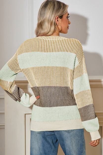 Brown Colorblock Lantern Sleeve Rib Knitted Sweater