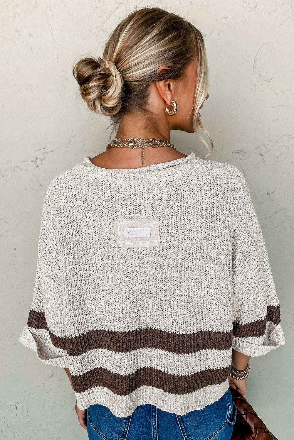 Brown Stripe Cropped Drop Sleeve Sweater