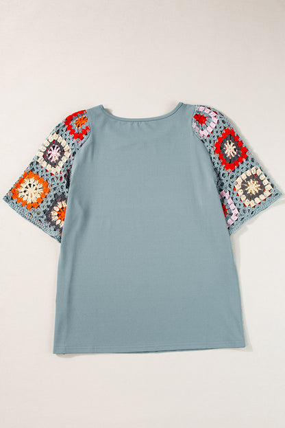 Medium Grey Floral Crochet Short Sleeve Top