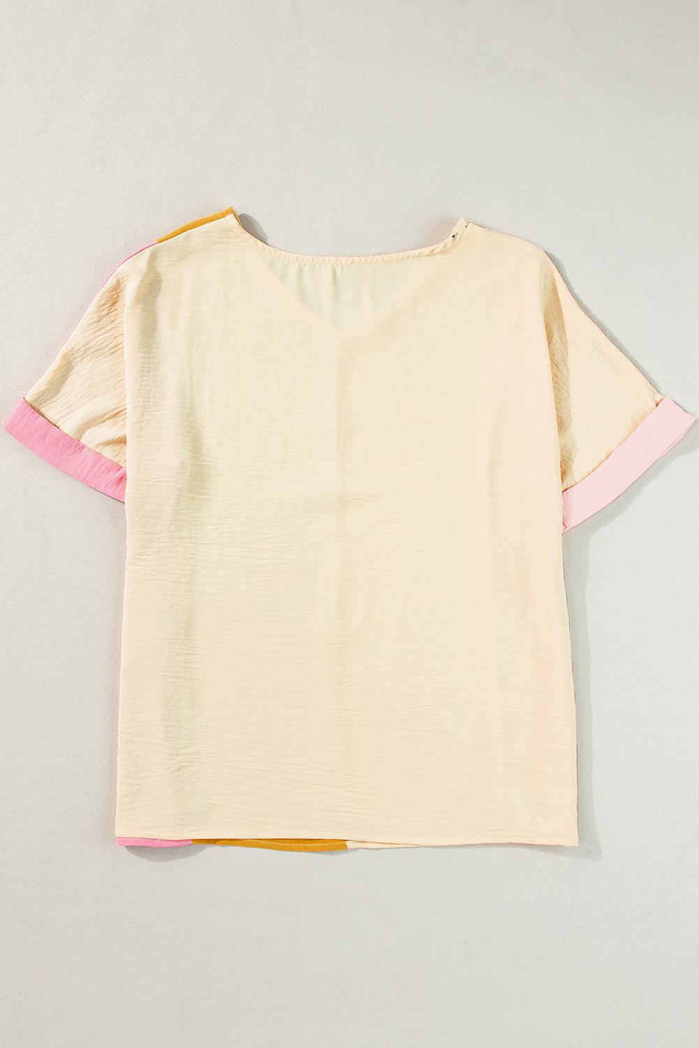 Apricot Colorblock V-Neck Roll Up Sleeve Crinkled Blouse