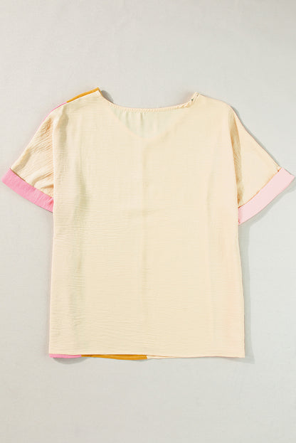 Apricot Colorblock V-Neck Roll Up Sleeve Crinkled Blouse