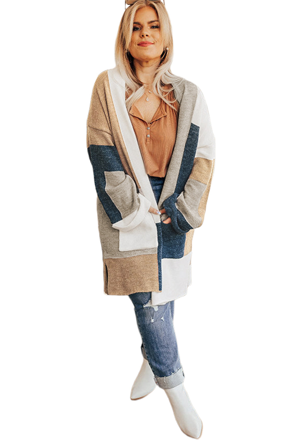 Multicolor Plus Size Colorblock Knit Cardigan