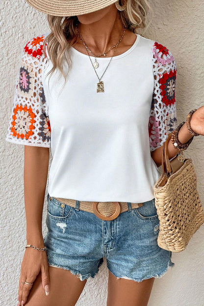 Medium Grey Floral Crochet Short Sleeve Top