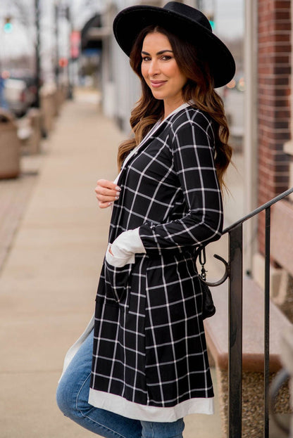 Black Plaid Colorblock Edge Open Cardigan with Pocket