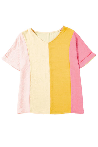 Apricot Colorblock V-Neck Roll Up Sleeve Crinkled Blouse