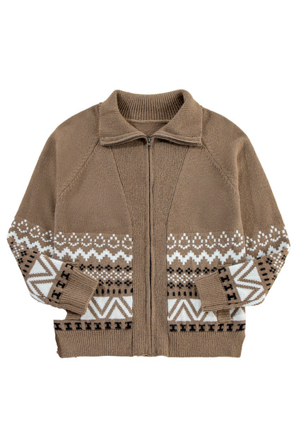 Brown Geometric Print Ribbed Trim Zipper Collar Sweater