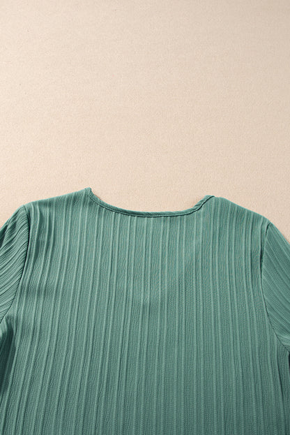 Grass Green Ruffled Short Sleeve V Neck Textured Blouse