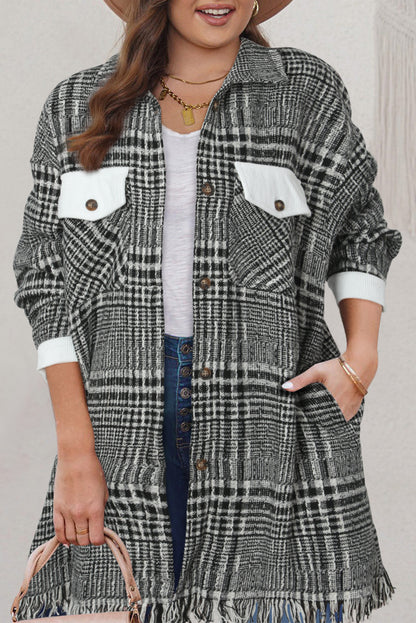 Black Plus Size Plaid Fringe Hem Midi Coat