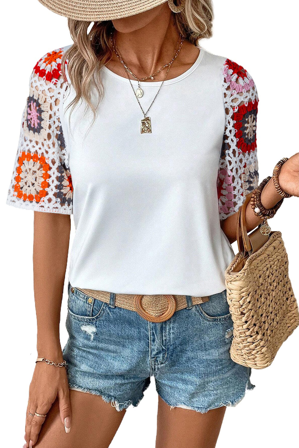 Medium Grey Floral Crochet Short Sleeve Top