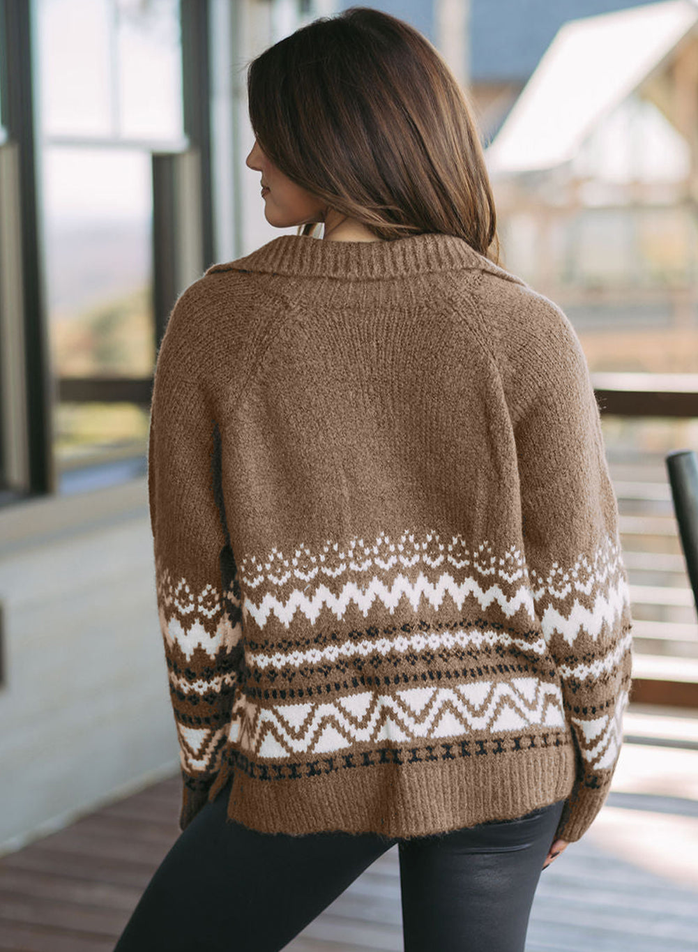 Brown Geometric Print Ribbed Trim Zipper Collar Sweater